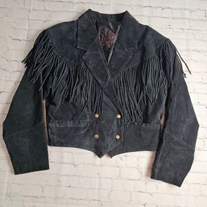Leather Zone Vintage‎ Black Leather Fringe Jacket Cropped Double Breasted Medium